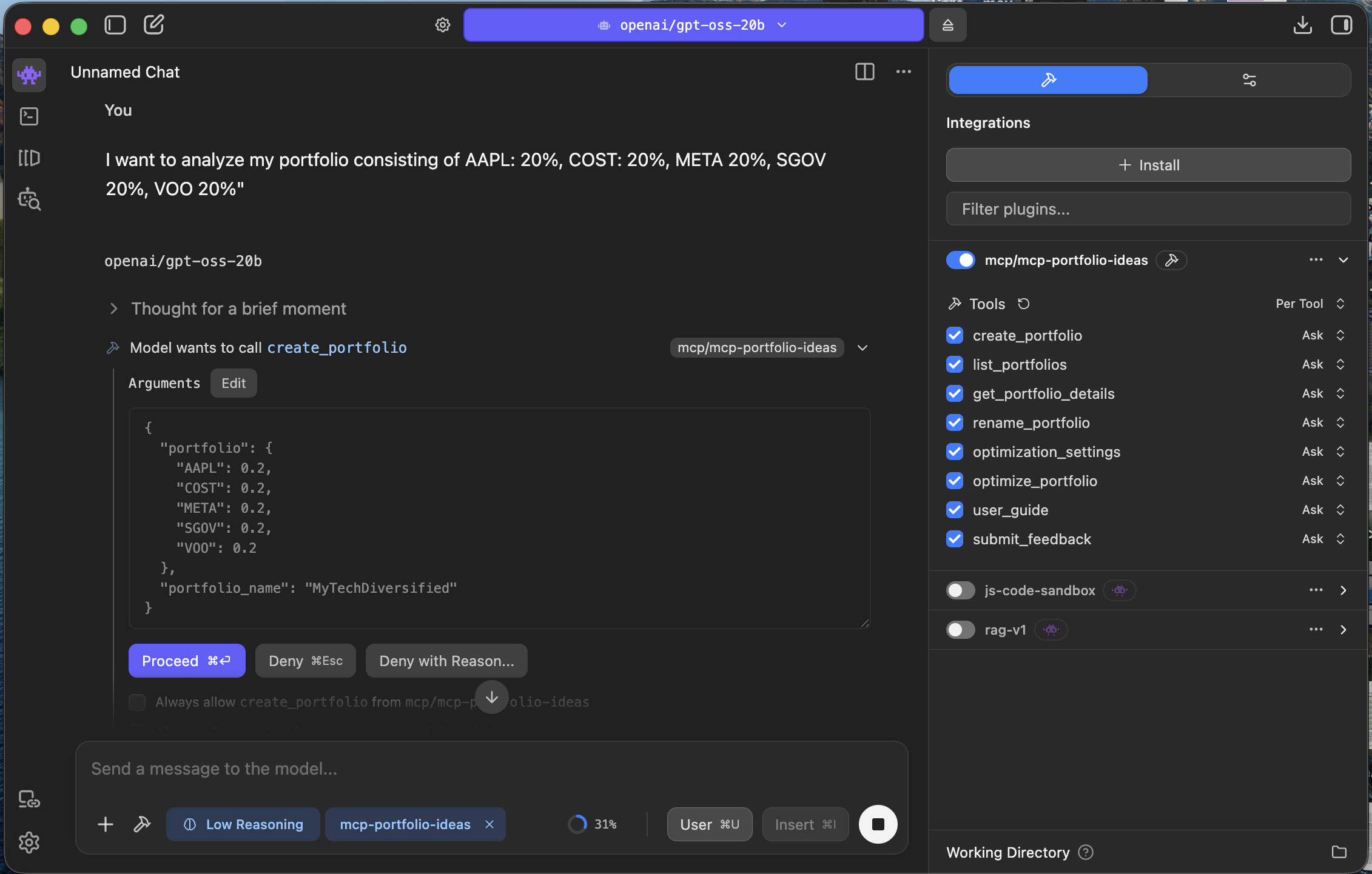 LM Studio prompt defining a sample portfolio
