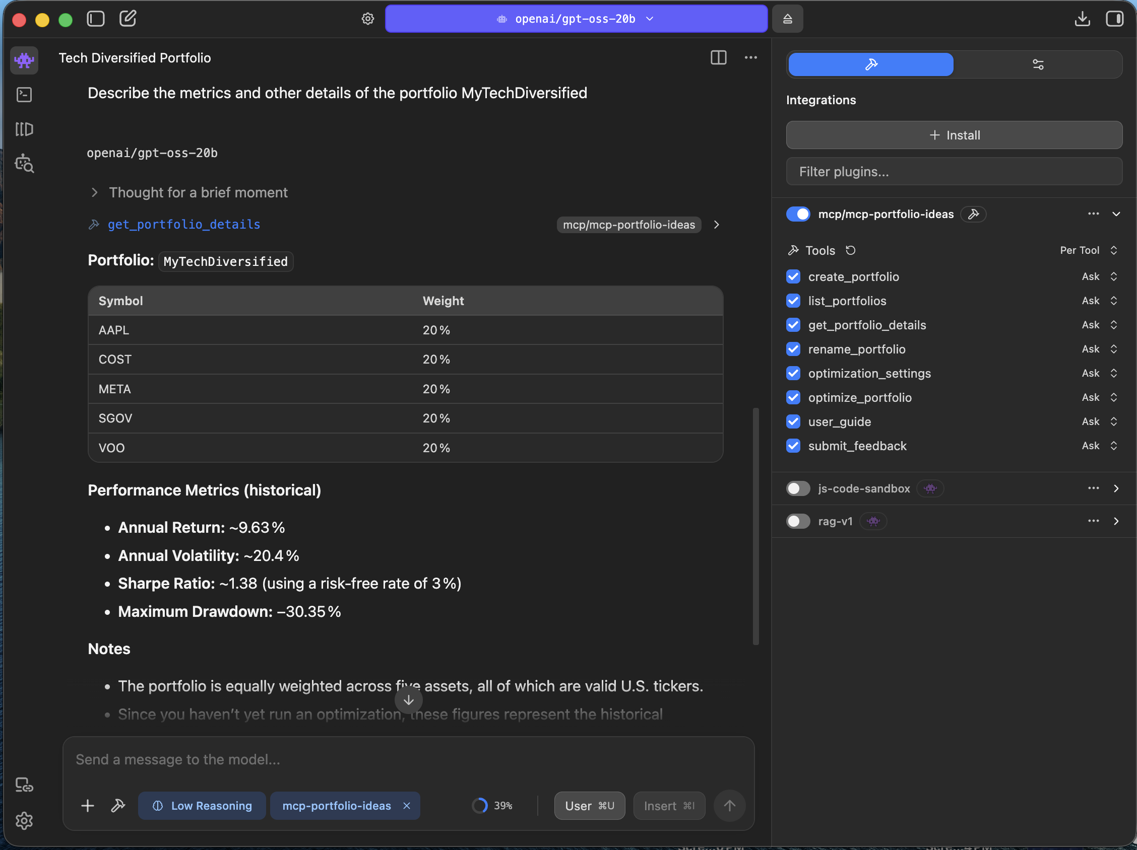 LM Studio output showing calculated portfolio metrics