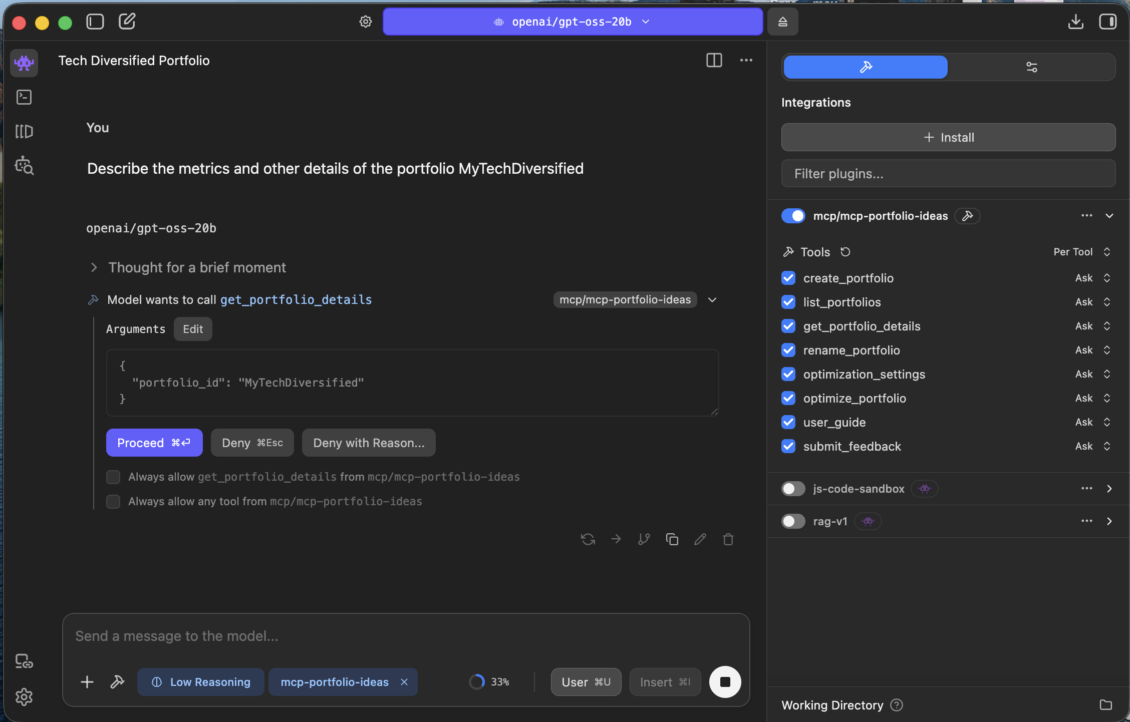 LM Studio prompt requesting portfolio metrics