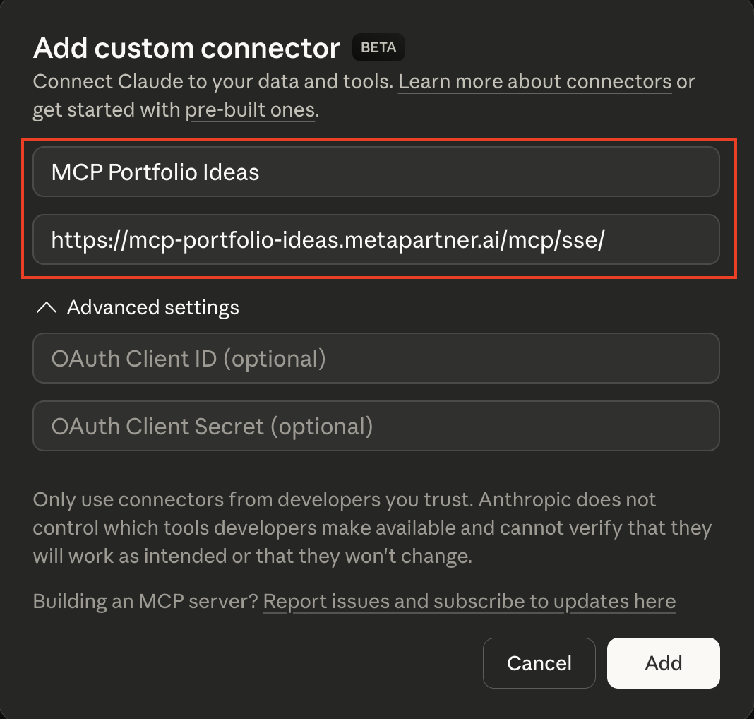 Claude custom connector configuration form