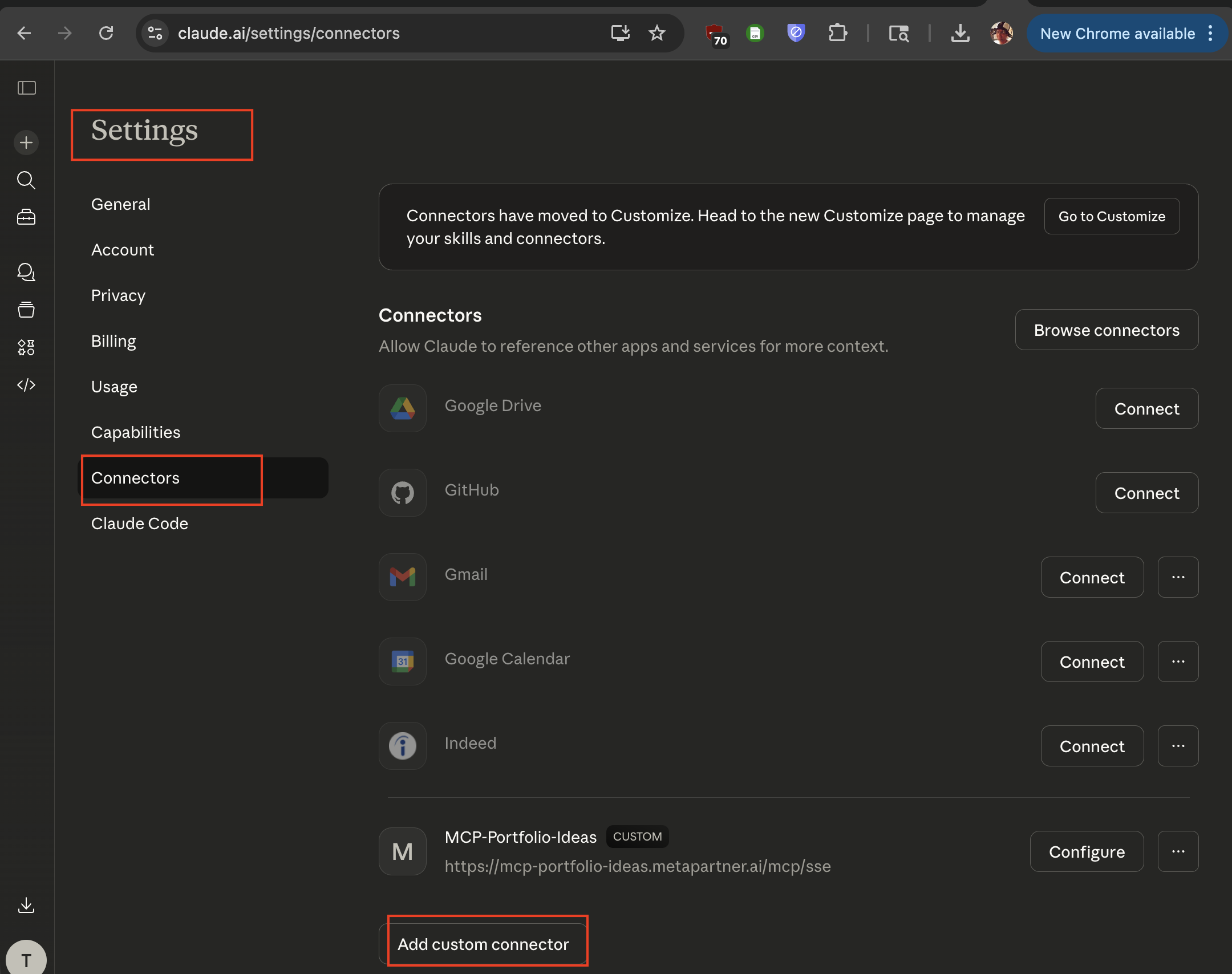 Claude connector settings screen
