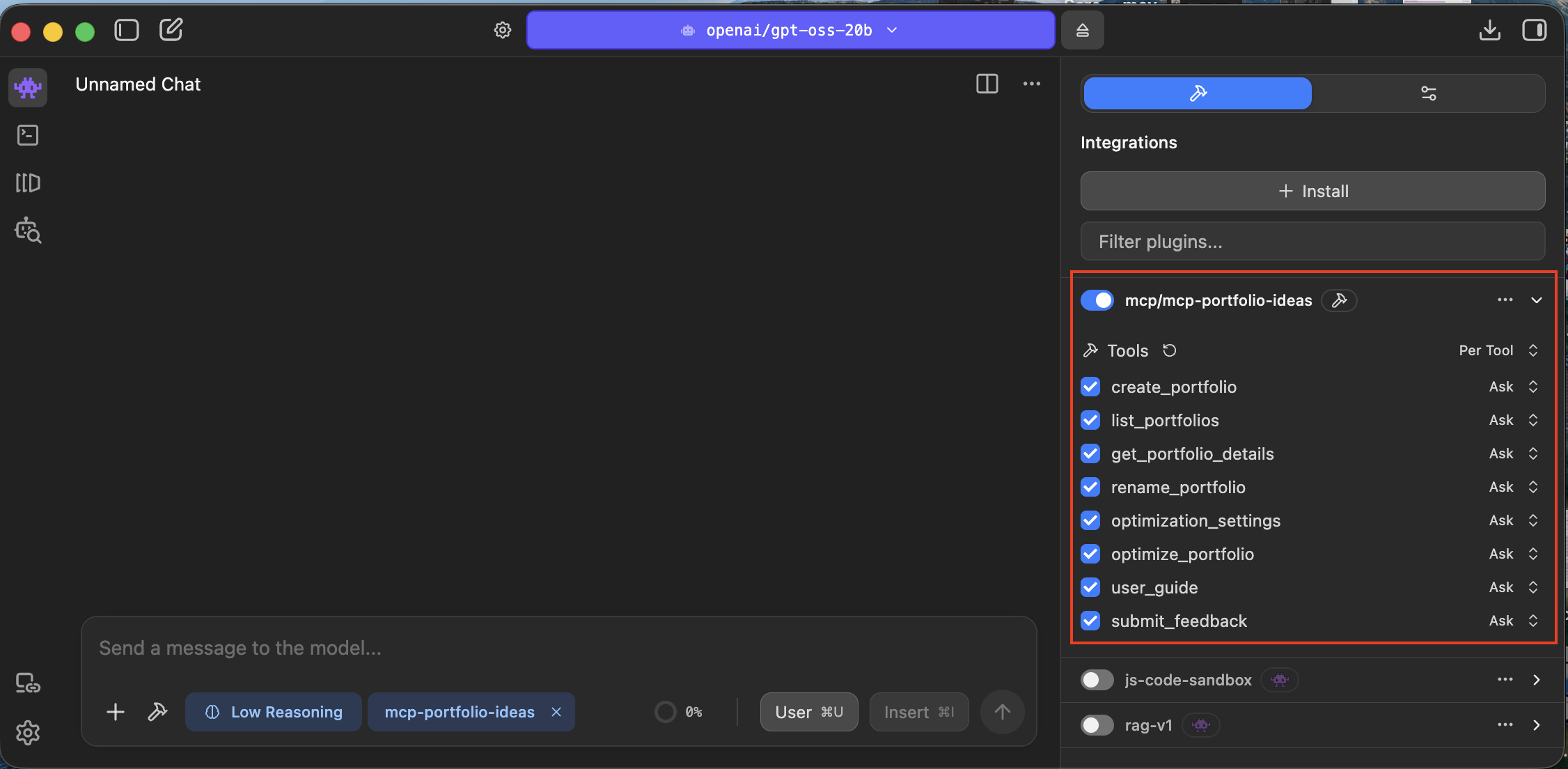 LM Studio tools list showing MCP Portfolio Ideas configured