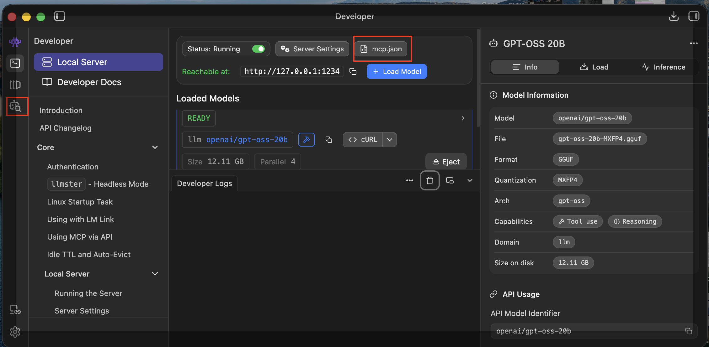 LM Studio developer menu opening the mcp.json configuration file